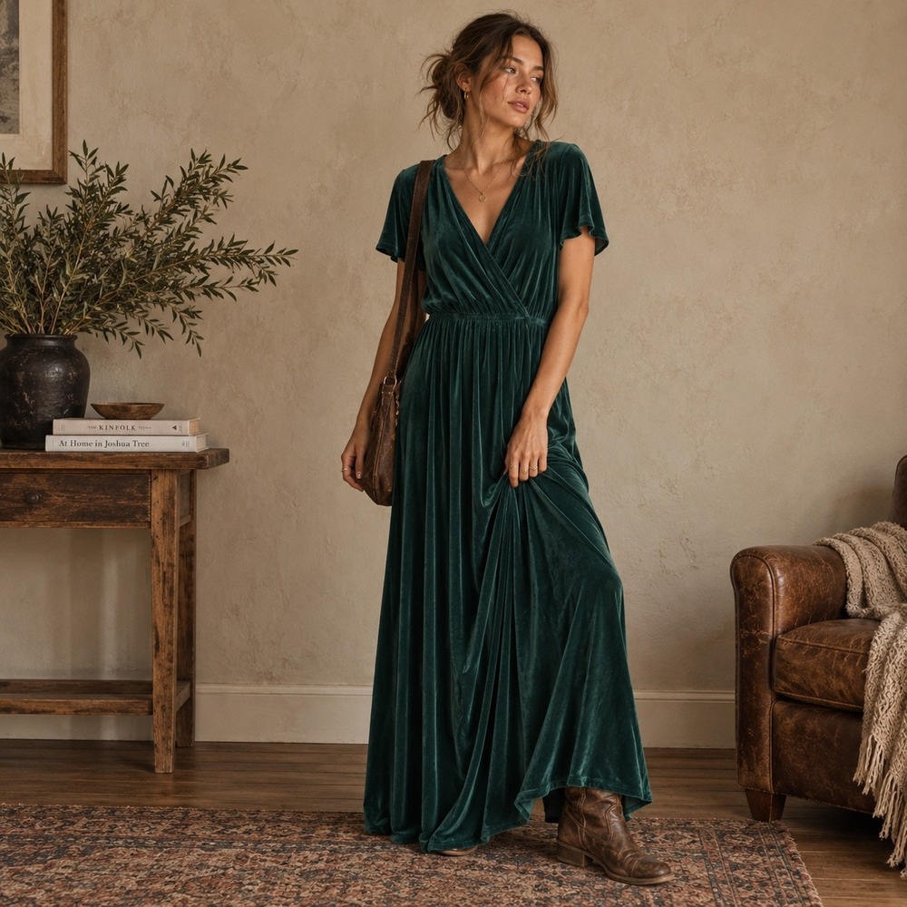 Baltic Born Velvet Maxi Dress Womens Size XL Dark Emerald Green Holiday Boho